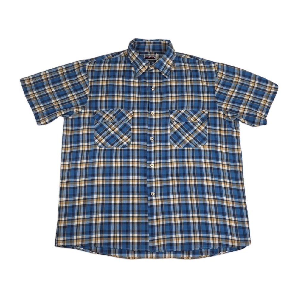 Vintage Big Mac Workwear Blue Plaid Short Sleeve Button Up Shirt Size Large USA